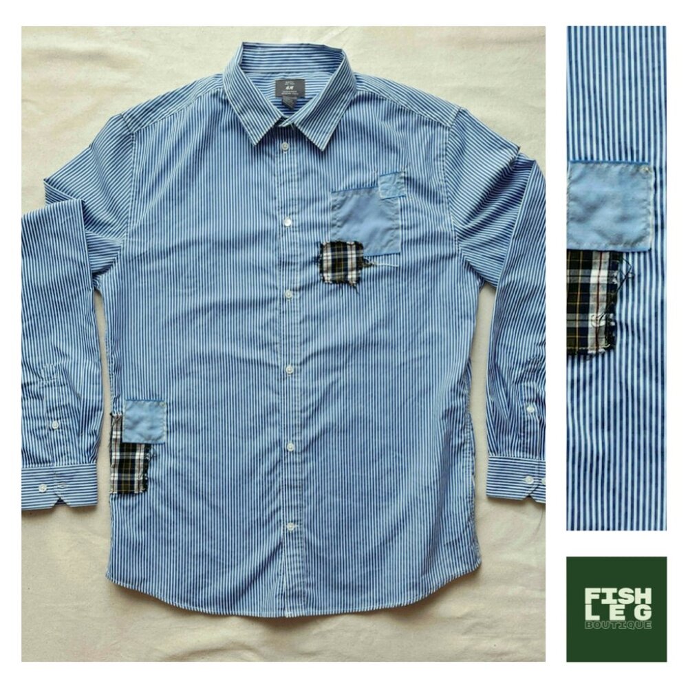 Upcycled  H&M | Handsewn Patched Button Down - Blue & Green / Sz L